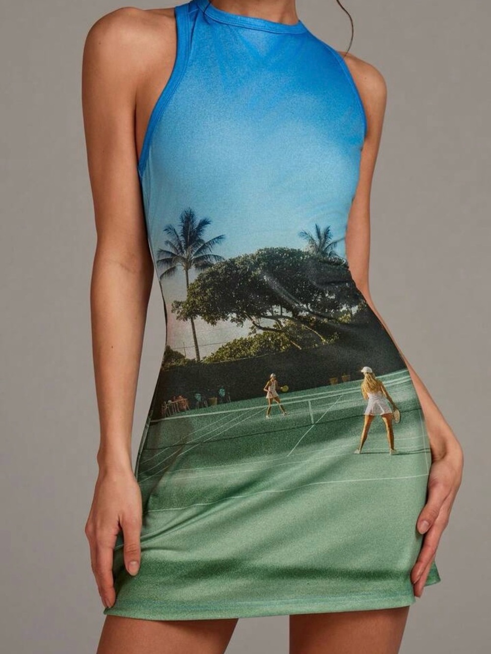 Blue & Green Graphic Halter Tennis Dress